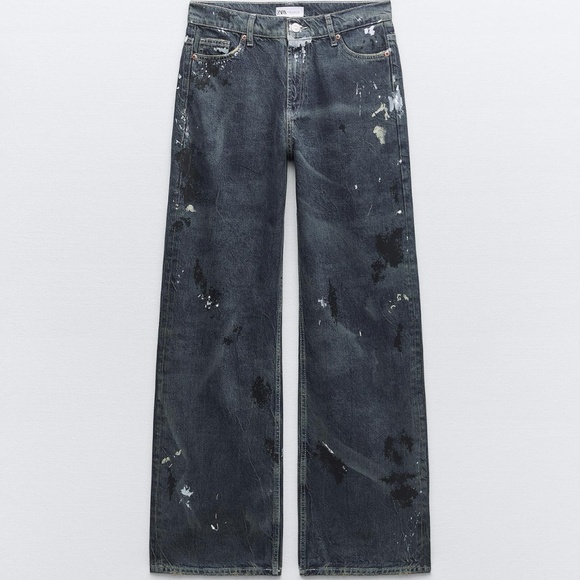 Zara TRF Paint Splatter Mid Rise Wide Leg Baggy Jeans - Picture 1 of 13